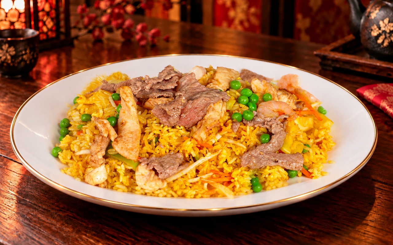 Nasi Goreng mit Curry, Fleisch, Krabben und Gemüse