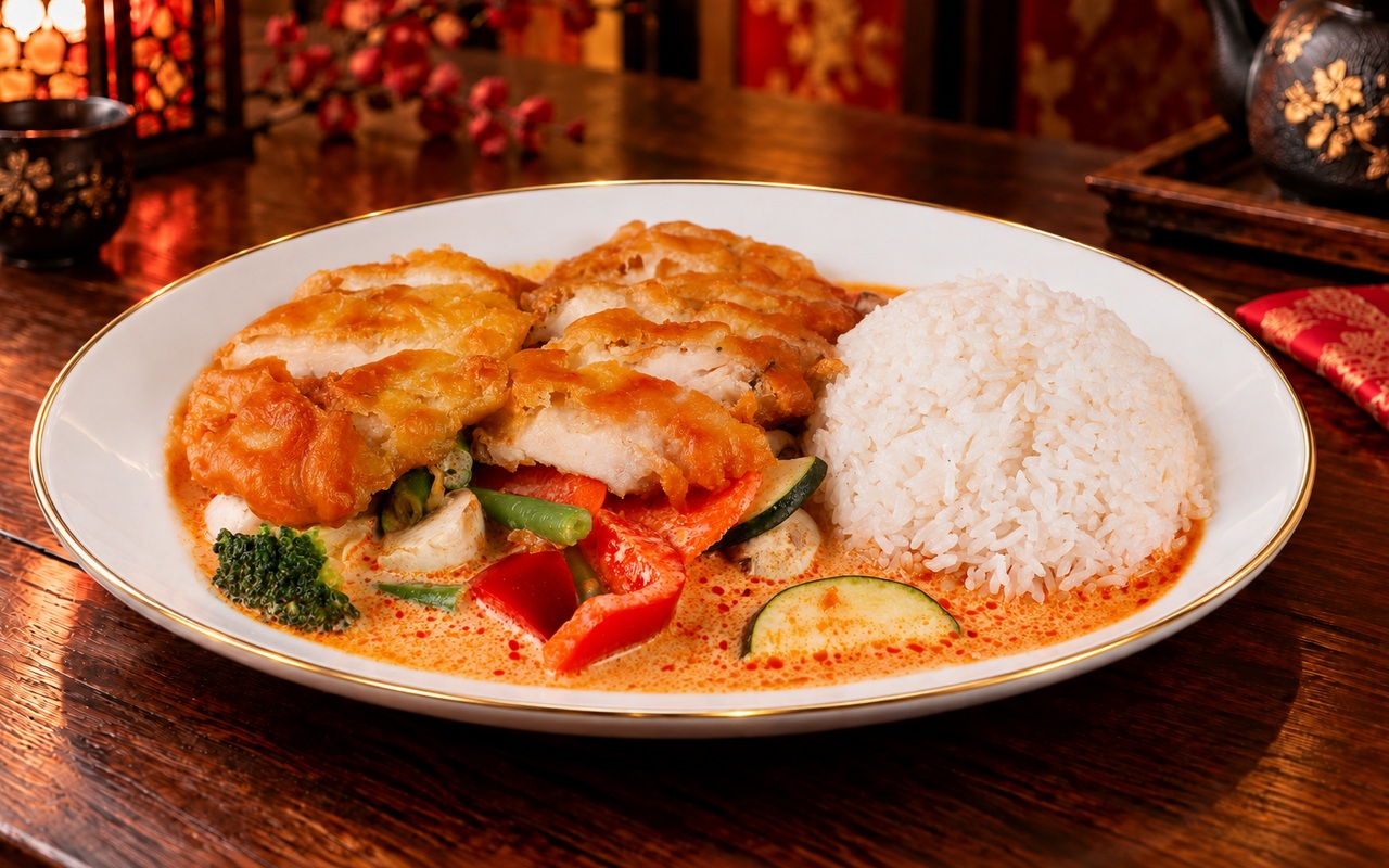 Knuspriges Hähnchen mit rotem Thai-Curry und Gemüse