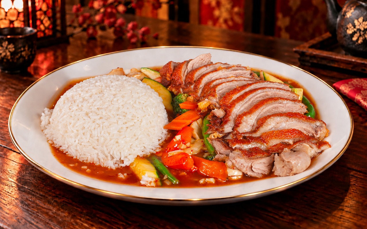 Knusprige Ente mit rotem Thai-Curry und Gemüse